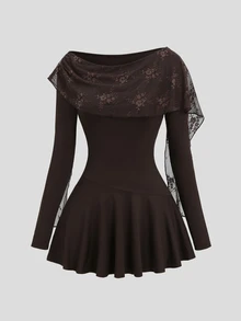 Sweetra New Elegant Commuter Fashion Streetwear Lace Patchwork Ribbon Long Sleeve Cinched Cinched Waist Coffee Mini Dress - Coffee Brown - View 6