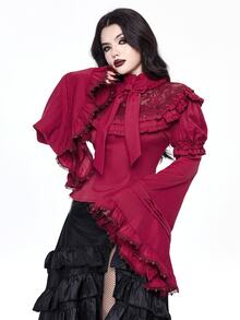 ROMWE Goth 优雅宫廷风蕾丝边超宽喇叭袖洛丽塔圣诞修身蝴蝶结衬衫 - 紅色 - 查看 8