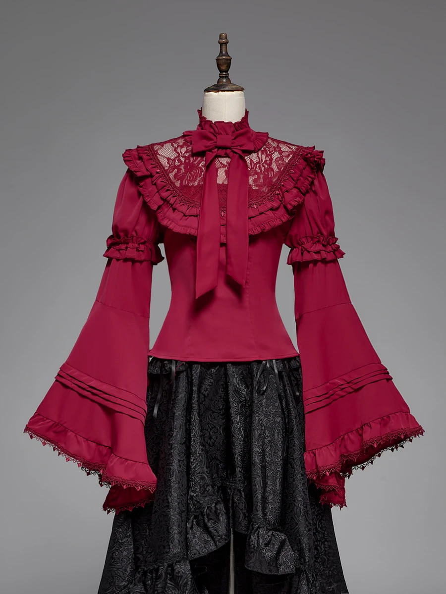 ROMWE Goth Elegant Palace Style Lace Trim Extra-Wide Bell Sleeve Lolita Christmas Fitted Bow Blouse - Red - View 1