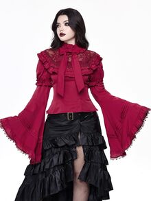 ROMWE Goth 优雅宫廷风蕾丝边超宽喇叭袖洛丽塔圣诞修身蝴蝶结衬衫 - 紅色 - 查看 10