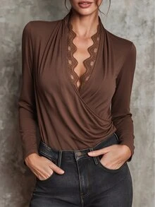 Everyssa Women's Sexy Overlapping V-Neck Lace Patchwork Design Long Sleeve Top - Brown - View 4