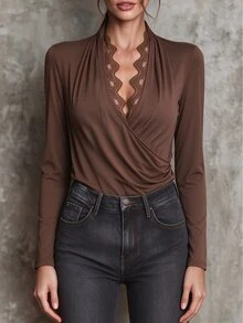 Everyssa Women's Sexy Overlapping V-Neck Lace Patchwork Design Long Sleeve Top - Brown - View 8
