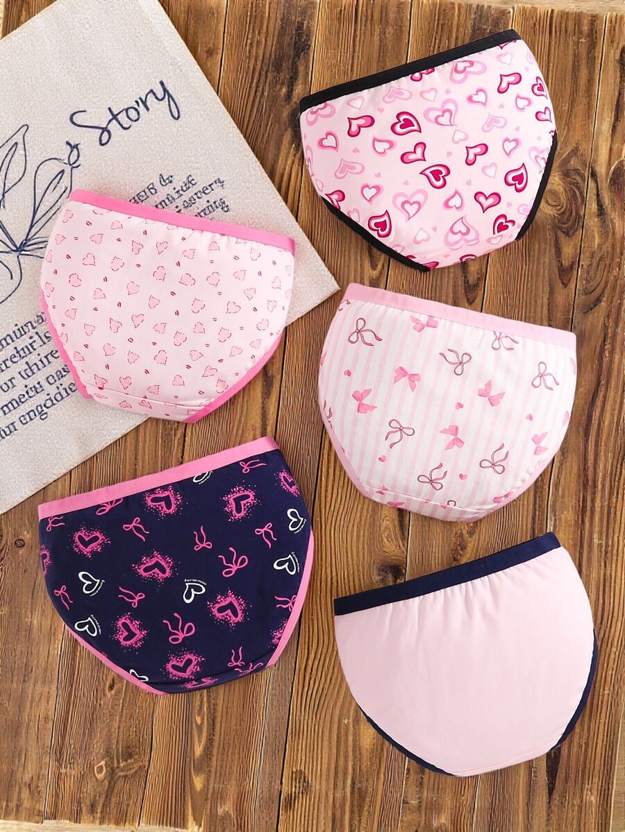 5 Pack Girls' Heart & Bow Print Cotton Briefs, Cute Assorted Colors,Summer,Travel Autumn Fall
