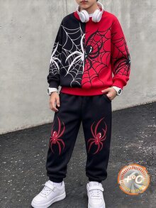 男孩運動衫套裝，酷炫紅黑拼接色，蜘蛛網圖案，寬鬆運動衫搭配黑色慢跑褲，舒適時尚，適合日常穿著、校園休閒與個性街頭風，帥氣百搭 - 彩色 - 查看 3