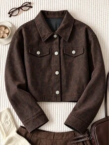 SHEIN EZwear Women's Jacket Short Coat Long Sleeve Casual Daily PU Leopard Print - Brown - View 1