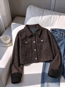 SHEIN EZwear Women's Jacket Short Coat Long Sleeve Casual Daily PU Leopard Print - Brown - View 4
