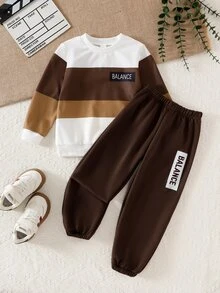 SHEIN 2pcs/Set Young Boys Color Block Letter Print Crew Neck Sweatshirt & Jogger, Casual Soft Daily Sports Outfit - Brown - View 9