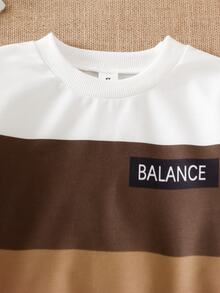 SHEIN 2pcs/Set Young Boys Color Block Letter Print Crew Neck Sweatshirt & Jogger, Casual Soft Daily Sports Outfit - Brown - View 6