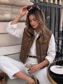 Serisse 女款休閒保暖拉鍊立領棉服外套，秋冬聖誕新年感恩節咖啡棕色上衣 - 咖啡棕 - 查看 1