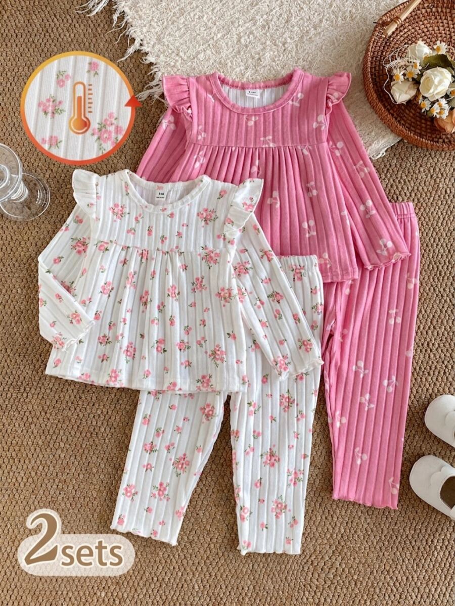SHEIN Baby Girls Floral Print Ribbed Knit Wear, Ruffle Shoulder Long Sleeve Top & Elastic Waist Pants, Sweet Casual Clothes Set - Pink - View 1