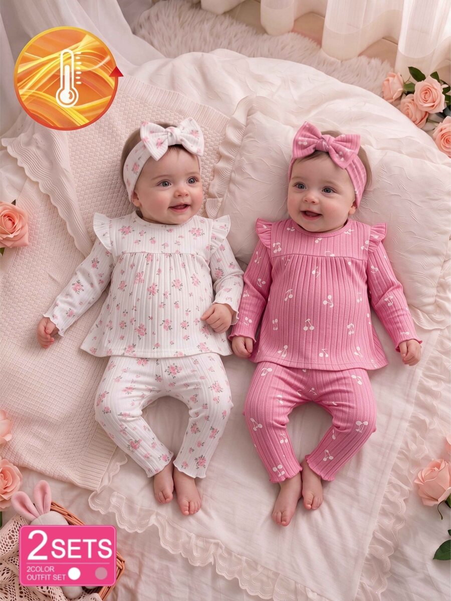 SHEIN Baby Girls Floral Print Ribbed Knit Wear, Ruffle Shoulder Long Sleeve Top & Elastic Waist Pants, Sweet Casual Clothes Set - Pink - View 1