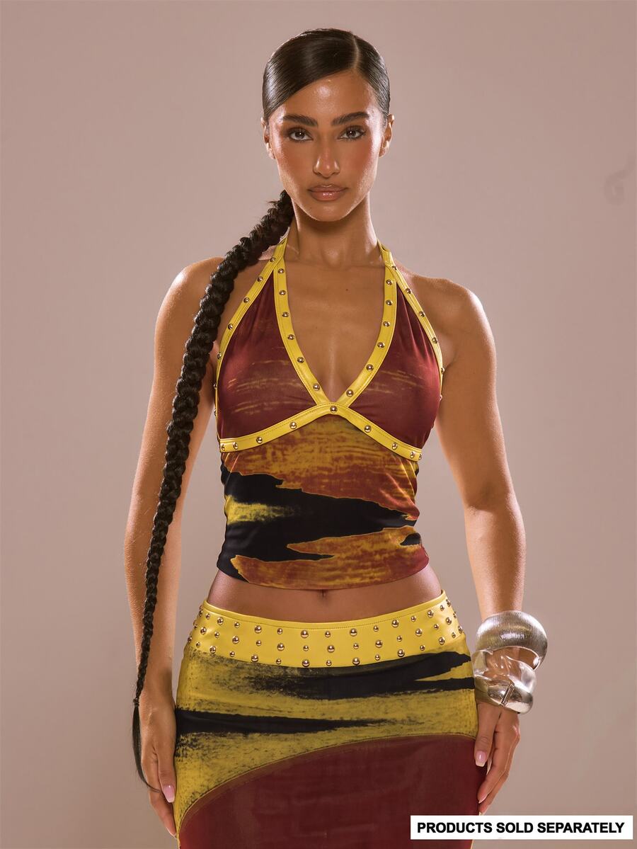 MUSERA Orange And Yellow Contrast Mesh Stud Detail Halterneck Top ...