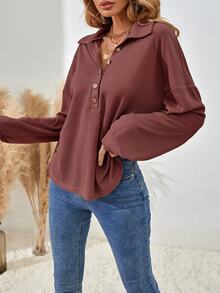 SHEIN الصلبة اللون انخفاض الكتف نصف الصدر تي شيرت - احمر خشبي - مشاهدة 6