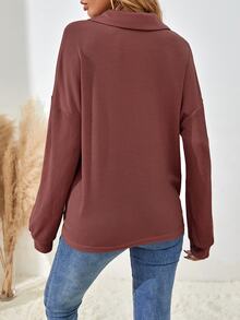 SHEIN الصلبة اللون انخفاض الكتف نصف الصدر تي شيرت - احمر خشبي - مشاهدة 3