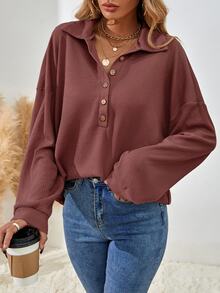SHEIN الصلبة اللون انخفاض الكتف نصف الصدر تي شيرت - احمر خشبي - مشاهدة 4