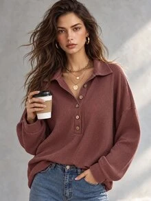 SHEIN الصلبة اللون انخفاض الكتف نصف الصدر تي شيرت - احمر خشبي - مشاهدة 1