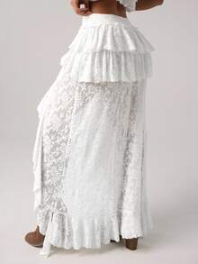 SHEIN ICON Ultra Low-Waisted Lace Tiered High-Low Hem Skirt - White - View 3
