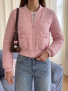 Comfortcana Women's Sweet Pocket Zipper Long Sleeve Padded Coat, Winter Jacket, Elegant Women's Jacket, Office Wear For Women, Cute, Cutecore, Christmas, New Year - Pink - View 1