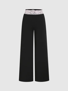 Sweetra New European And American Commuter Fashion Outfit Lace Patchwork Deep V-Neck Long Sleeve Slimming T-Shirt And Lace Waist Design Straight Leg Pants 2 Pieces Set - Black - View 4
