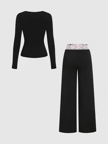 Sweetra New European And American Commuter Fashion Outfit Lace Patchwork Deep V-Neck Long Sleeve Slimming T-Shirt And Lace Waist Design Straight Leg Pants 2 Pieces Set - Black - View 2