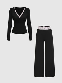 Sweetra New European And American Commuter Fashion Outfit Lace Patchwork Deep V-Neck Long Sleeve Slimming T-Shirt And Lace Waist Design Straight Leg Pants 2 Pieces Set - Black - View 8