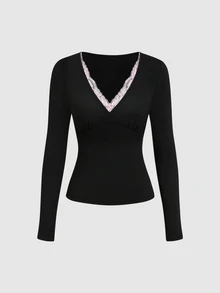 Sweetra New European And American Commuter Fashion Outfit Lace Patchwork Deep V-Neck Long Sleeve Slimming T-Shirt And Lace Waist Design Straight Leg Pants 2 Pieces Set - Black - View 7