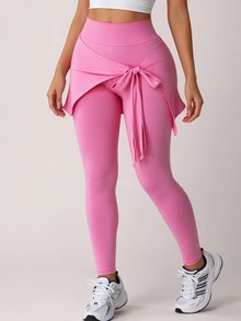 SHEIN Sovereign Charm Women's Solid Color Side Waist Twist Detail Athletic Leggings - Pink - View 1