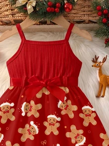 Girls' Christmas Ribbed Dress With Reindeer & Snowflake Pattern, Ruffle Hem, Cute Sweet Baby Girl Outfit - Hot Pink - View 5