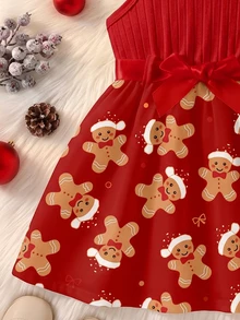 Girls' Christmas Ribbed Dress With Reindeer & Snowflake Pattern, Ruffle Hem, Cute Sweet Baby Girl Outfit - Hot Pink - View 6