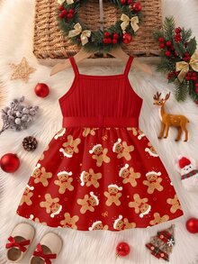 Girls' Christmas Ribbed Dress With Reindeer & Snowflake Pattern, Ruffle Hem, Cute Sweet Baby Girl Outfit - Hot Pink - View 2