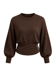 QUELARIE Women's Solid Color Casual Versatile Daily Long Sleeve Top - Coffee Brown - View 1