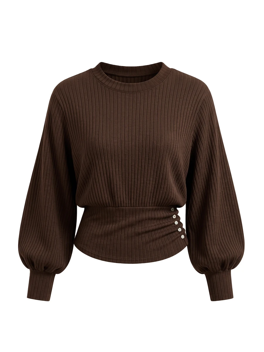 QUELARIE Women's Solid Color Casual Versatile Daily Long Sleeve Top - Coffee Brown - View 1