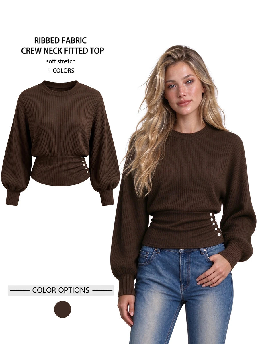 QUELARIE Women's Solid Color Casual Versatile Daily Long Sleeve Top - Coffee Brown - View 1