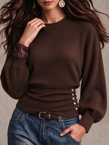 QUELARIE Women's Solid Color Casual Versatile Daily Long Sleeve Top - Coffee Brown - View 5