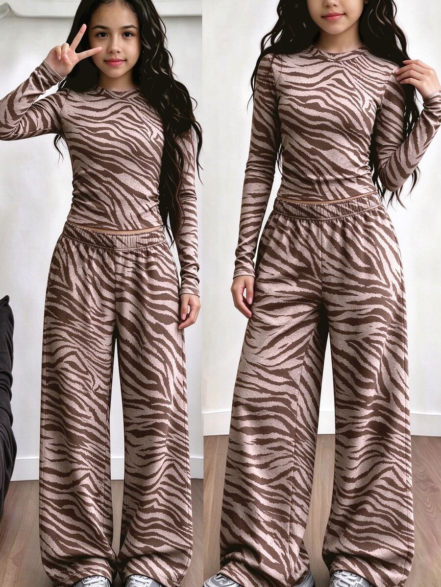(1 Set)Tween Girls Autumn Casual Fashion Brown & Coffee Zebra Print Ruched Waist Long Sleeve T-Shirt & Wide Leg Pants - Multicolor - View 1