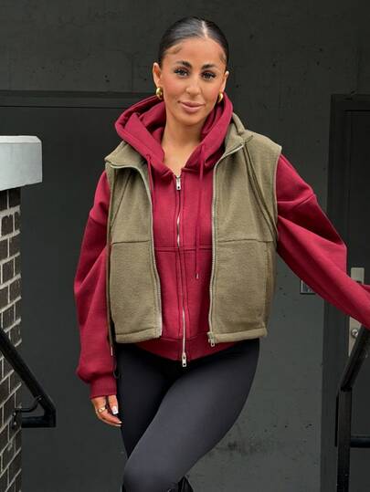 SAYEHFBABY Chaqueta sin mangas con cuello de embudo y cremallera de unicolor para mujer, forrada térmicamente para otoño/invierno