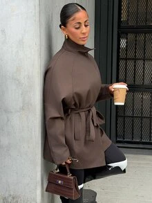 SAYEHFBABY Women's Solid Color Minimalist Casual Long Sleeve Trench Coat School - Coffee Brown - View 5