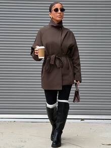SAYEHFBABY Women's Solid Color Minimalist Casual Long Sleeve Trench Coat School - Coffee Brown - View 1
