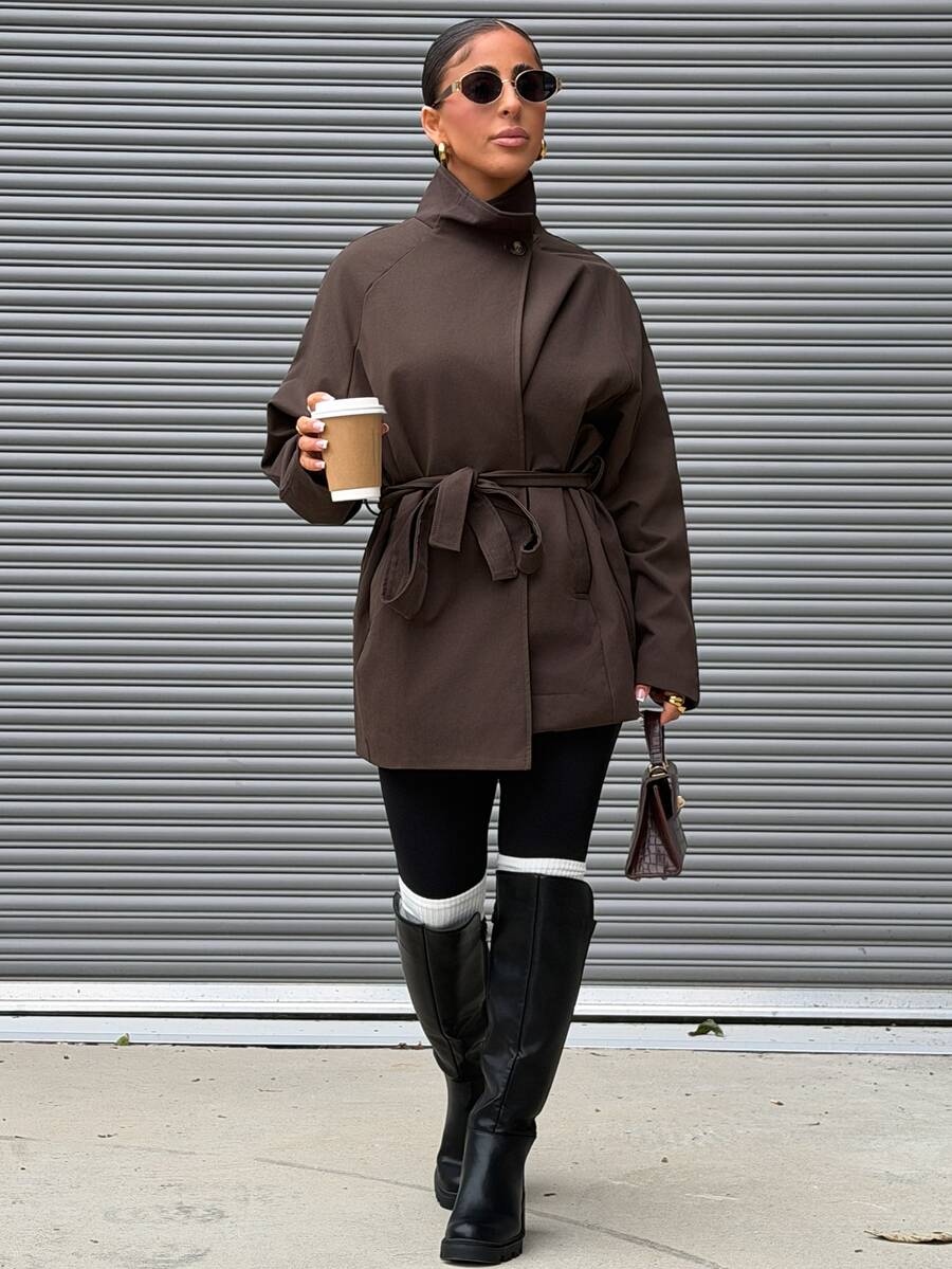 SAYEHFBABY Women's Solid Color Minimalist Casual Long Sleeve Trench Coat School - Coffee Brown - View 1