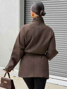 SAYEHFBABY Women's Solid Color Minimalist Casual Long Sleeve Trench Coat School - Coffee Brown - View 2