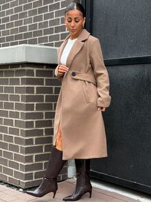 SAYEHFBABY Fashionable Versatile Camel Notched Collar Overcoat With Belt, Autumn/Winter Winter Clothes For Women Long Coat Fall Cloth For Women - Brown - View 4