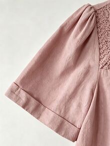 SHEIN LUNE White Square Neck Lace Patchwork Women's Casual Shirt - Dusty Pink - View 5