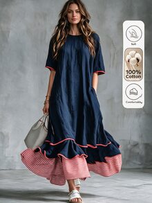 Omancia Wandoria Store 2026 夏季新款海軍藍配色紅條紋休閒舒適日常穿著女款時尚舒適棉質洋裝 - 藍色 - 查看 1