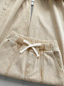 SHEIN Tween Girls' Solid Color Slant Pocket Casual Streetwear Versatile Jeans School Vacation Beige Fall - Khaki - View 5