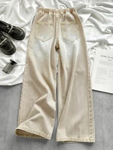 SHEIN Tween Girls' Solid Color Slant Pocket Casual Streetwear Versatile Jeans School Vacation Beige Fall - Khaki - View 7