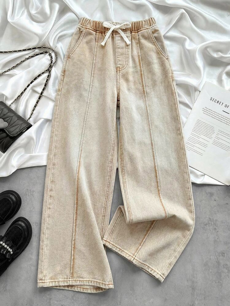 SHEIN Jeans casuales de unicolor con bolsillo inclinado para niñas preadolescentes, versátiles para uso diario, escuela y vacaciones, color beige, otoño - Caqui - Añade 1