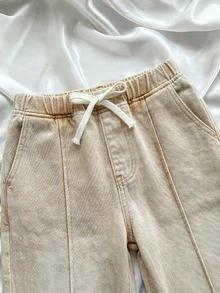 SHEIN Tween Girls' Solid Color Slant Pocket Casual Streetwear Versatile Jeans School Vacation Beige Fall - Khaki - View 2