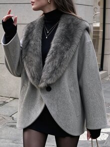 SHEIN Women's Luxury Plush Large Lapel Short Overcoat, Commute Casual French Elegant Versatile Loose Fall Outerwear Everyday Going Out Grey - Grey - View 1