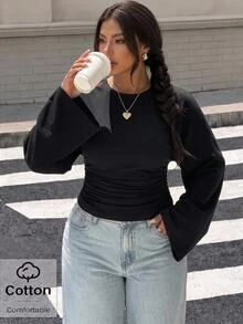 Muchica 大尺碼女款純色休閒可愛膠囊款寬鬆街頭風長袖T恤，適合日常、晚裝、海灘、正式場合、度假、居家與派對，黑色，秋季 - 黑色 - 查看 1