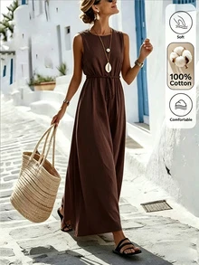 Omancia Women's Summer Solid Color Casual Vacation Comfortable Dress - Dark Brown - View 4